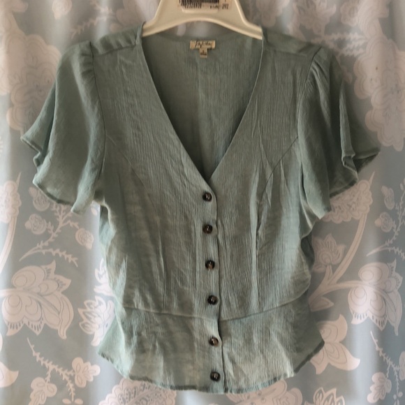 Lily White Tops - Lily White seafoam mint green top flounced sleeves peplum V-neck vintage feel